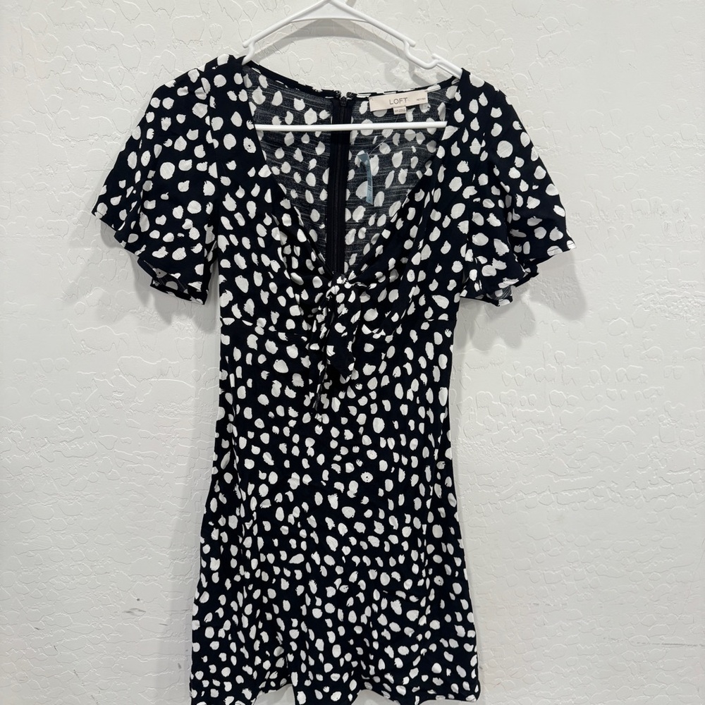 NWT LOFT Polkadot Dress Womens XSP Petite Tied Black White Mini Retro Coquette